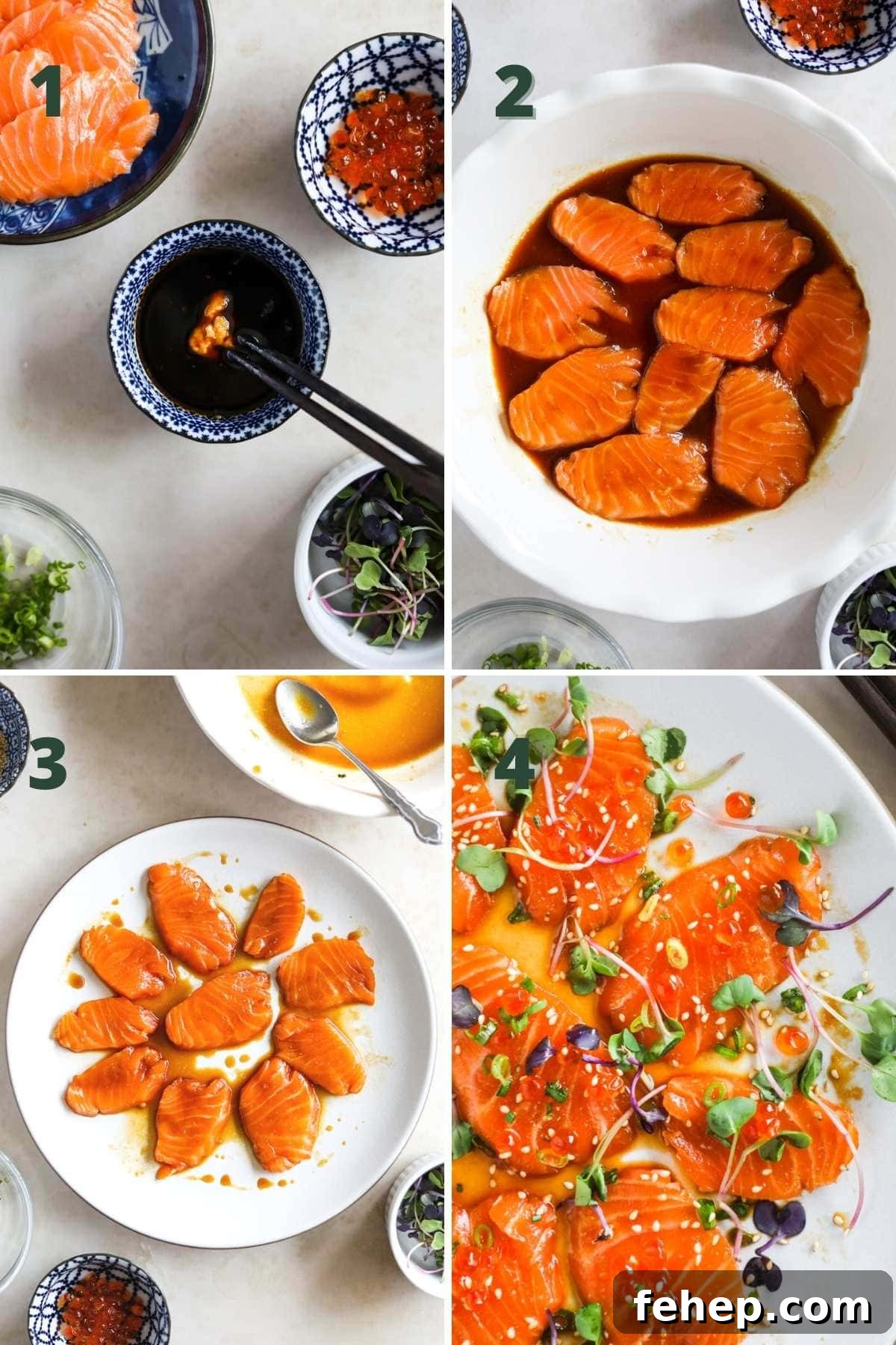 Steps to make and marinate miso salmon crudo (carpaccio) with sashimi-grade salmon.
