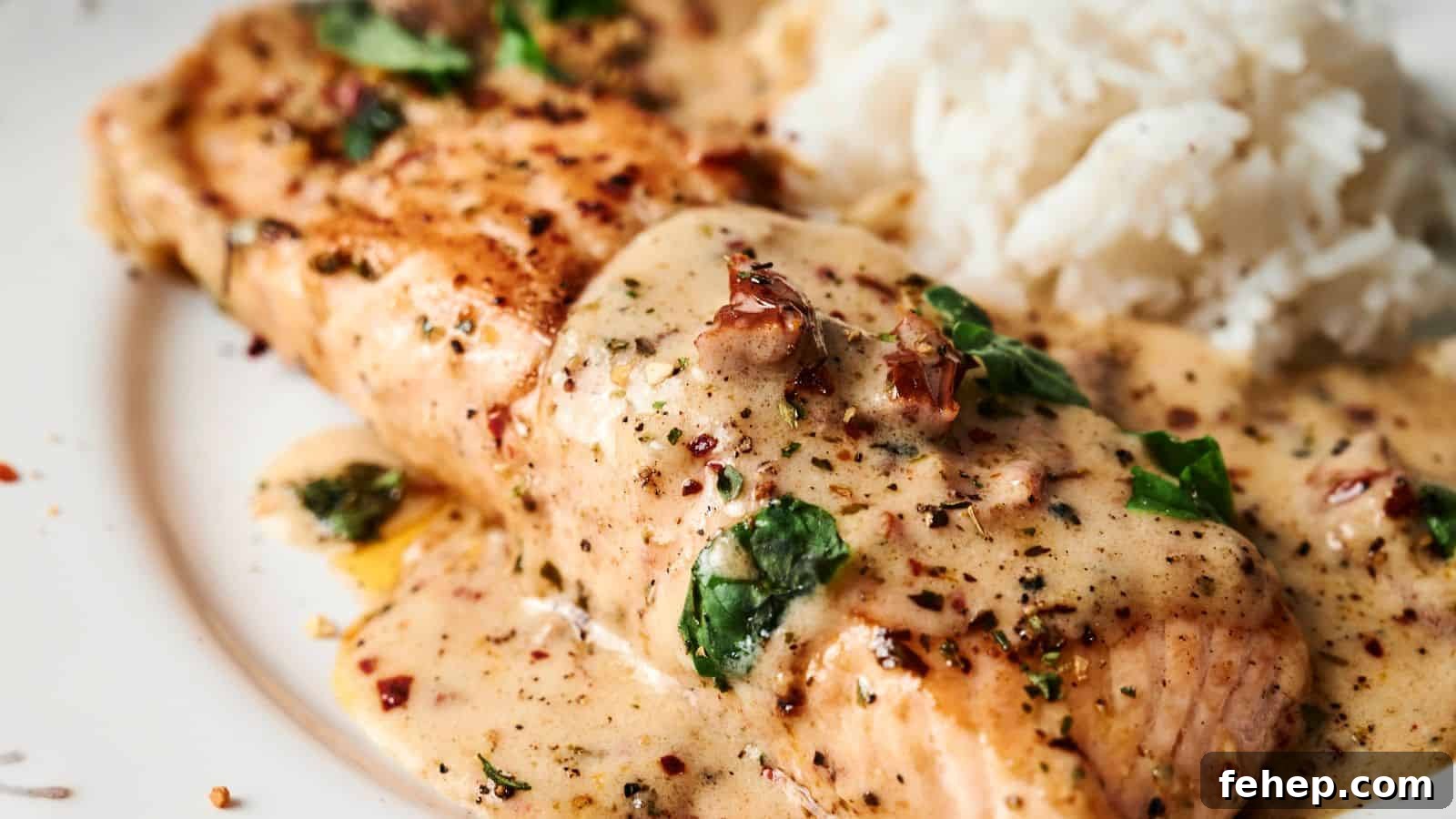 11 Marry Me Recipes That Impress Without Fuss 2 Grilled salmon fillet topped with a creamy herb sauce, served next to a portion of white rice.