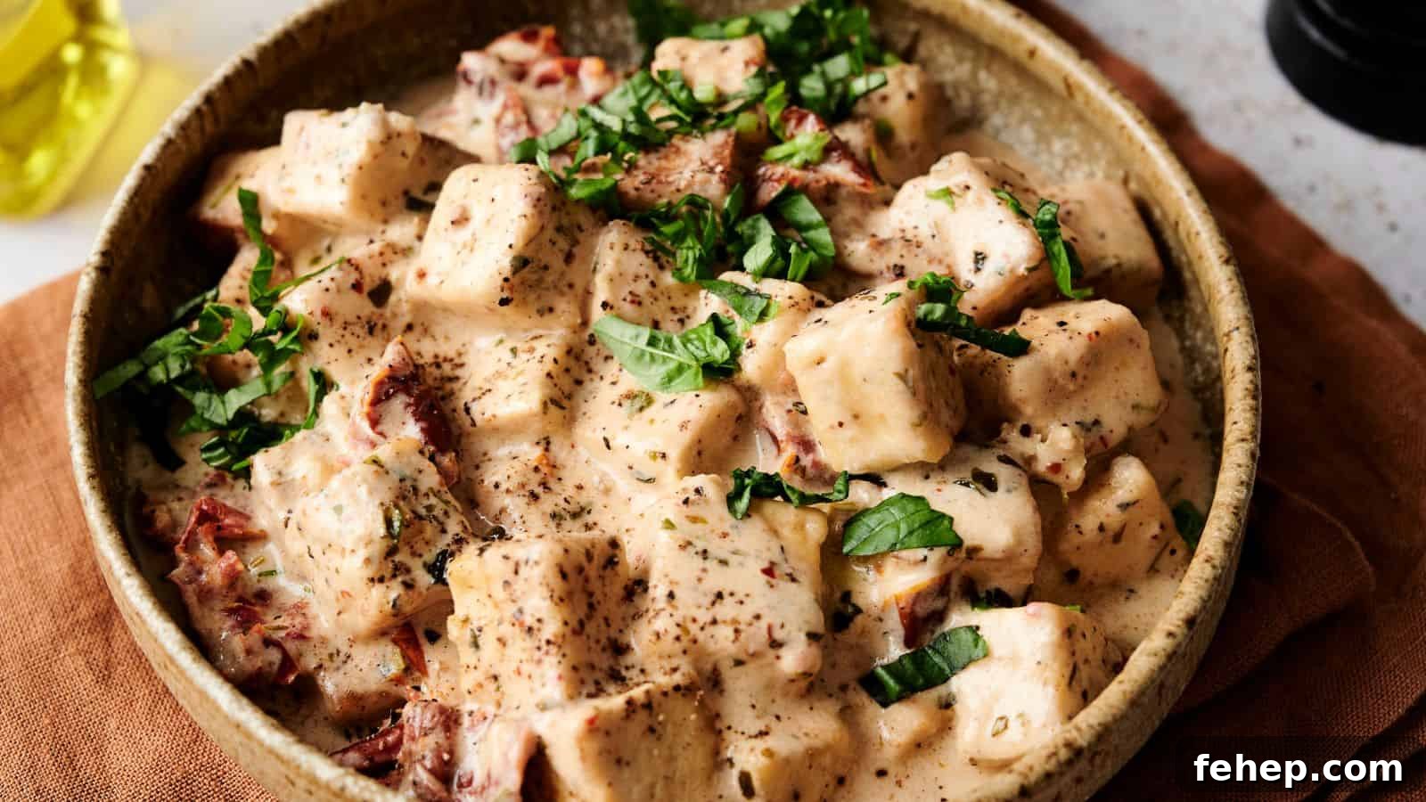 11 Marry Me Recipes That Impress Without Fuss 12 A bowl of creamy pasta salad with cubed noodles and sun-dried tomatoes, garnished with fresh basil leaves and black pepper, served in a rustic dish on a brown cloth.
