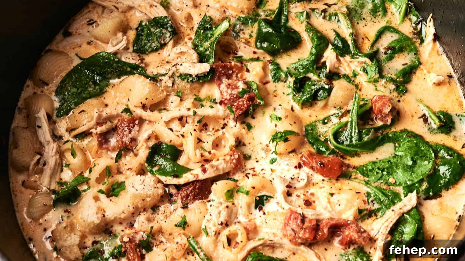 11 Marry Me Recipes That Impress Without Fuss 3 A creamy pasta dish with spinach, shredded chicken, sun-dried tomatoes, and shell pasta, garnished with herbs.