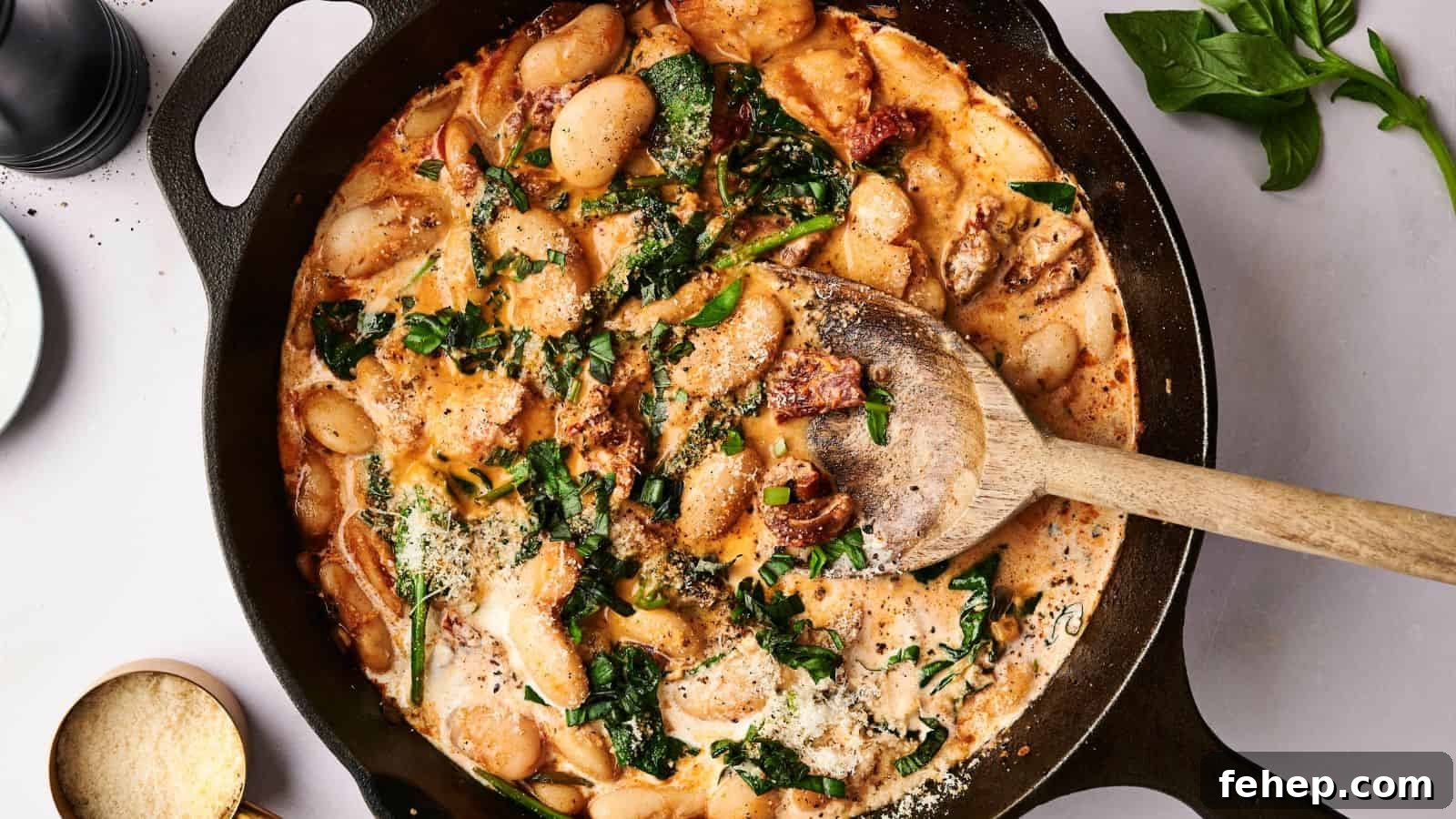 11 Marry Me Recipes That Impress Without Fuss 4 A cast iron skillet with creamy pasta mixed with spinach and sun-dried tomatoes, topped with cheese, with a wooden spoon resting inside.
