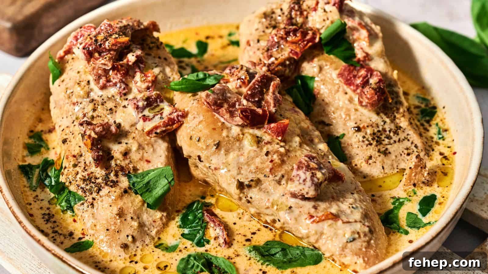 11 Marry Me Recipes That Impress Without Fuss 5 Three cooked chicken breasts in a creamy sauce, topped with herbs and sun-dried tomatoes, presented in a round dish.