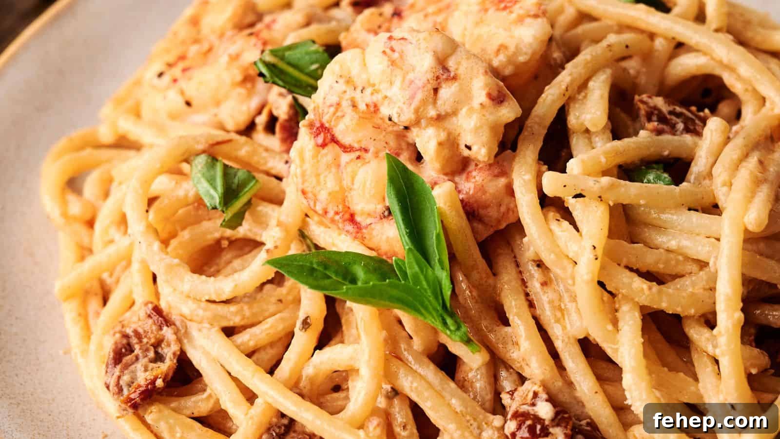 11 Marry Me Recipes That Impress Without Fuss 8 A plate of creamy spaghetti with shrimp, sun-dried tomatoes, and fresh basil leaves.