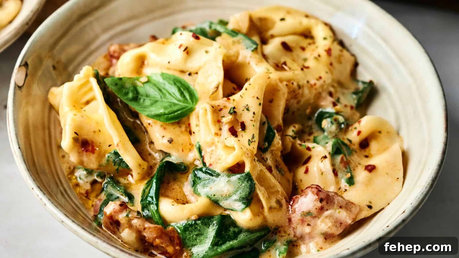 11 Marry Me Recipes That Impress Without Fuss 9 A bowl of creamy tortellini pasta with spinach, sun-dried tomatoes, herbs, and a basil garnish.