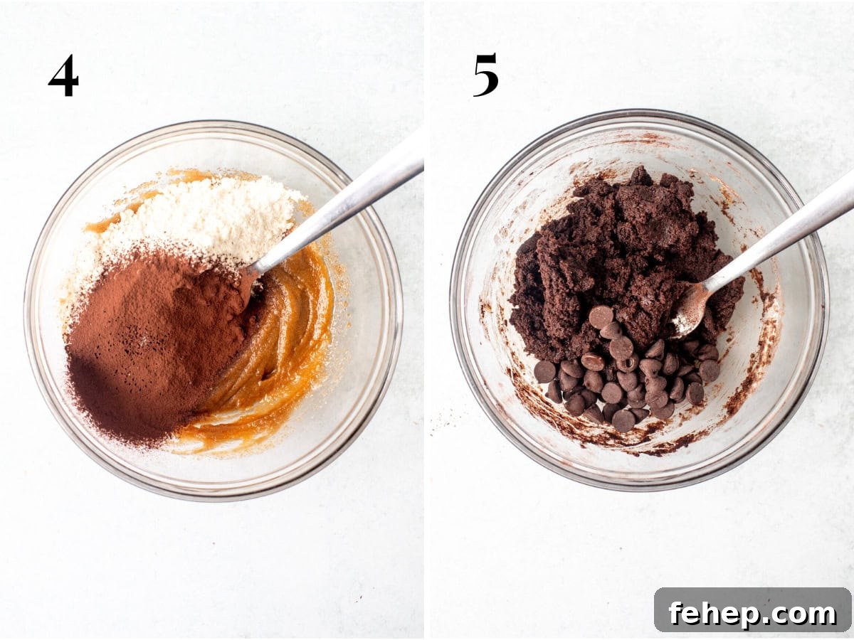 Single-Serve Chocolate Cookie Recipe: Moist Microwave Mug Cookie 5 Bowl of single serving cookie dough with dry ingredients added to the bowl, and bowl of cookie dough for a single cookie with chocolate chips added
