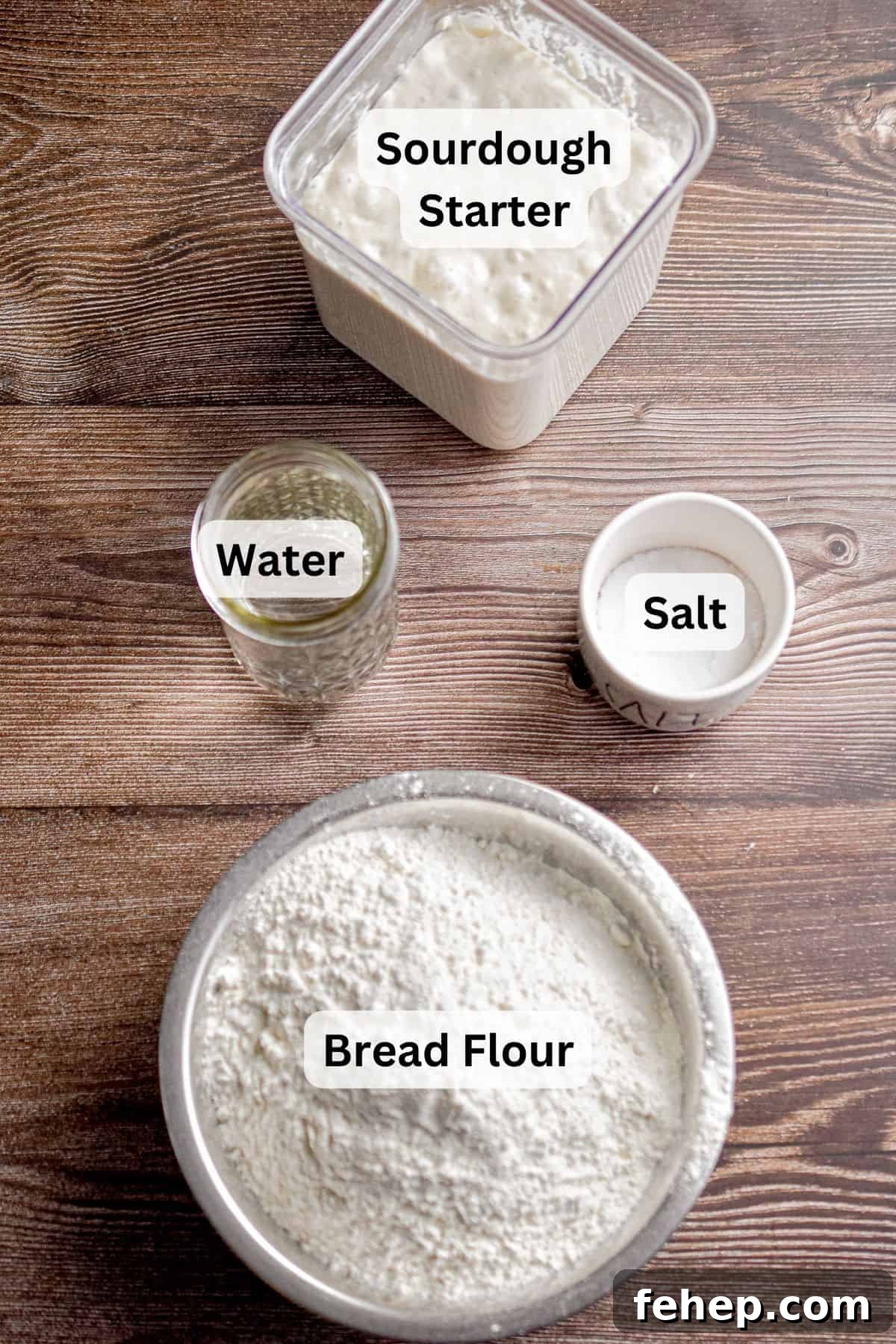 The ingredients for the Dutch oven sourdough bread are labeled.