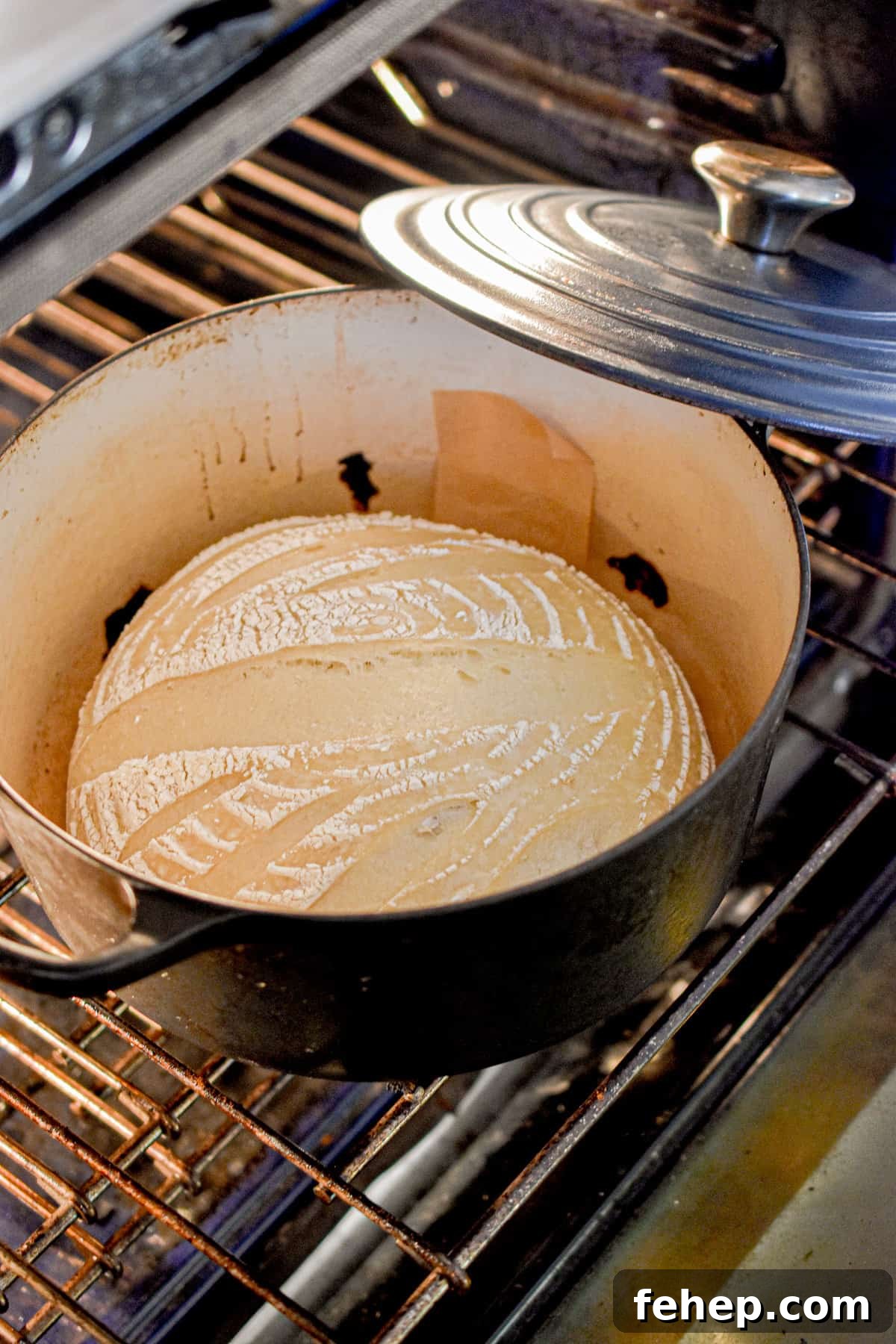 The Dutch oven sourdough bread is in the oven.