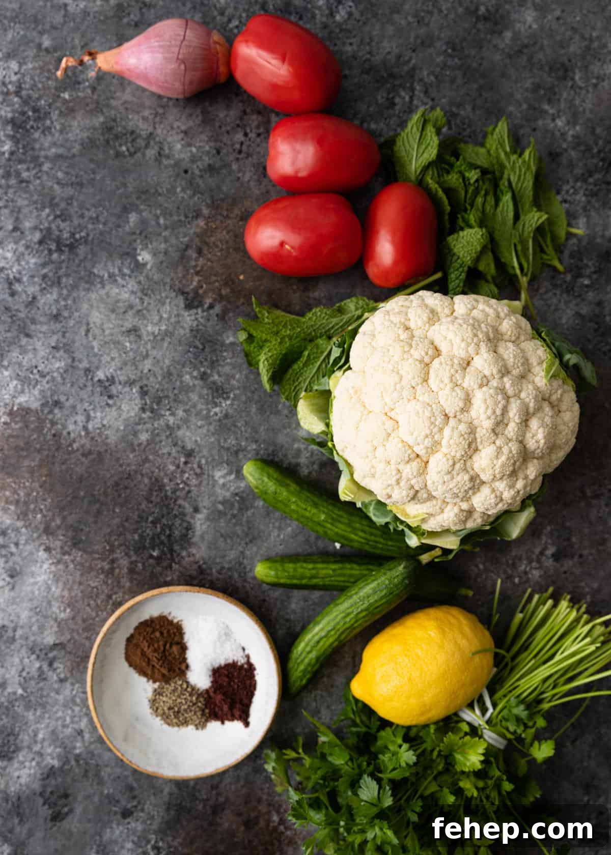 Cauliflower Tabbouleh Salad with Fresh Herbs and Lemon Vinaigrette 4 cauliflower tabbouleh ingredients