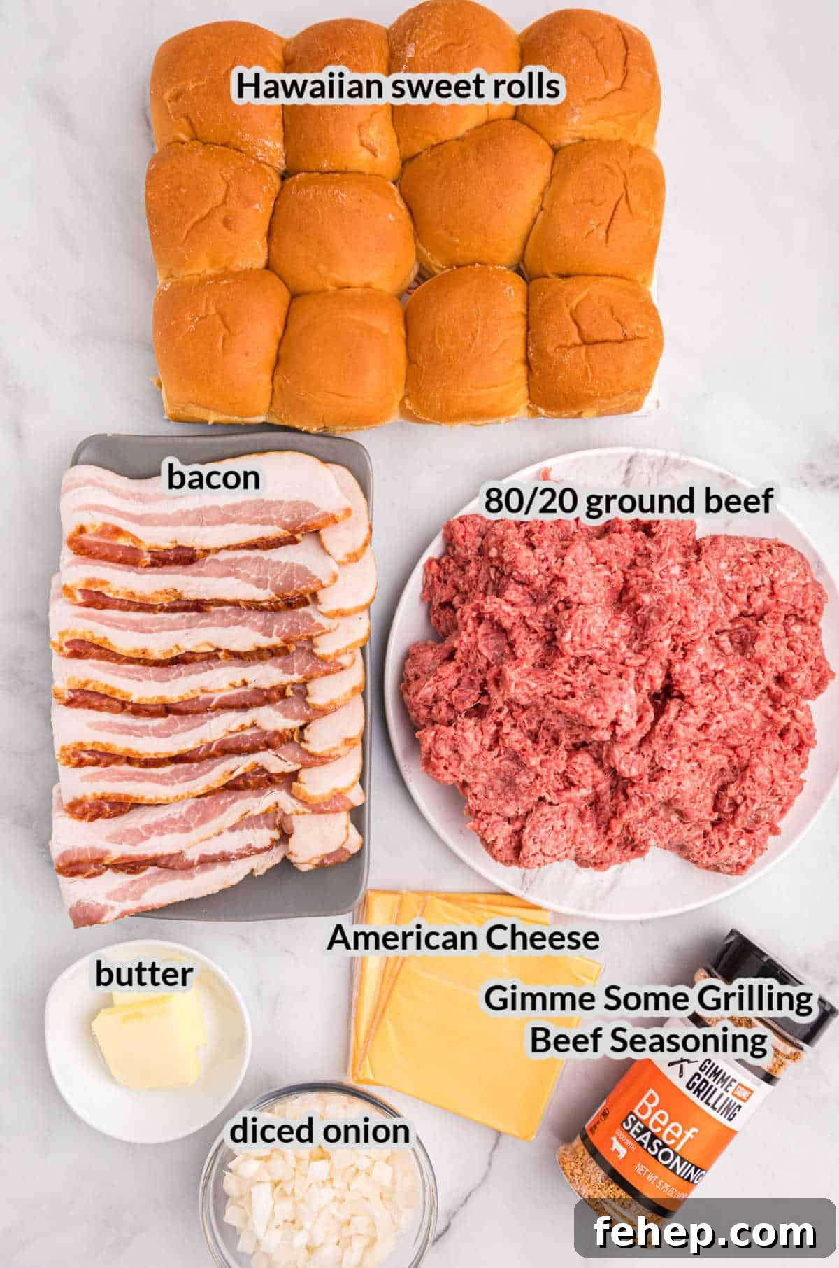 Overhead Image of Blackstone Bacon  Cheeseburger Sliders Ingredients