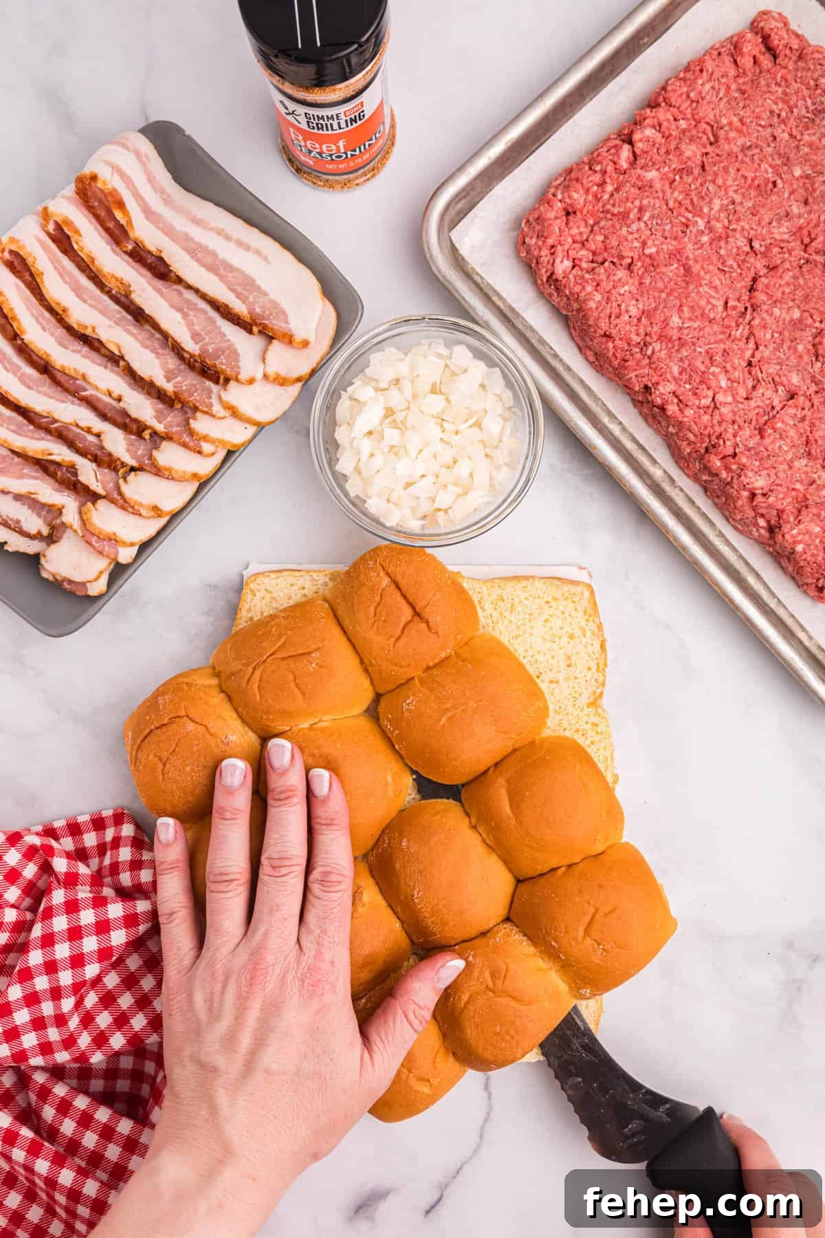 Slicing Hawaiian Rolls for Blackstone Bacon Cheeseburger Sliders
