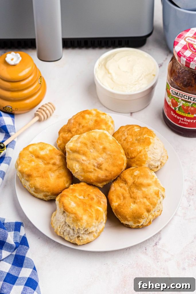 Crispy Air Fryer Frozen Biscuits in Minutes 2 golden fluffy biscuits on a small white plate in front of butter and jam.