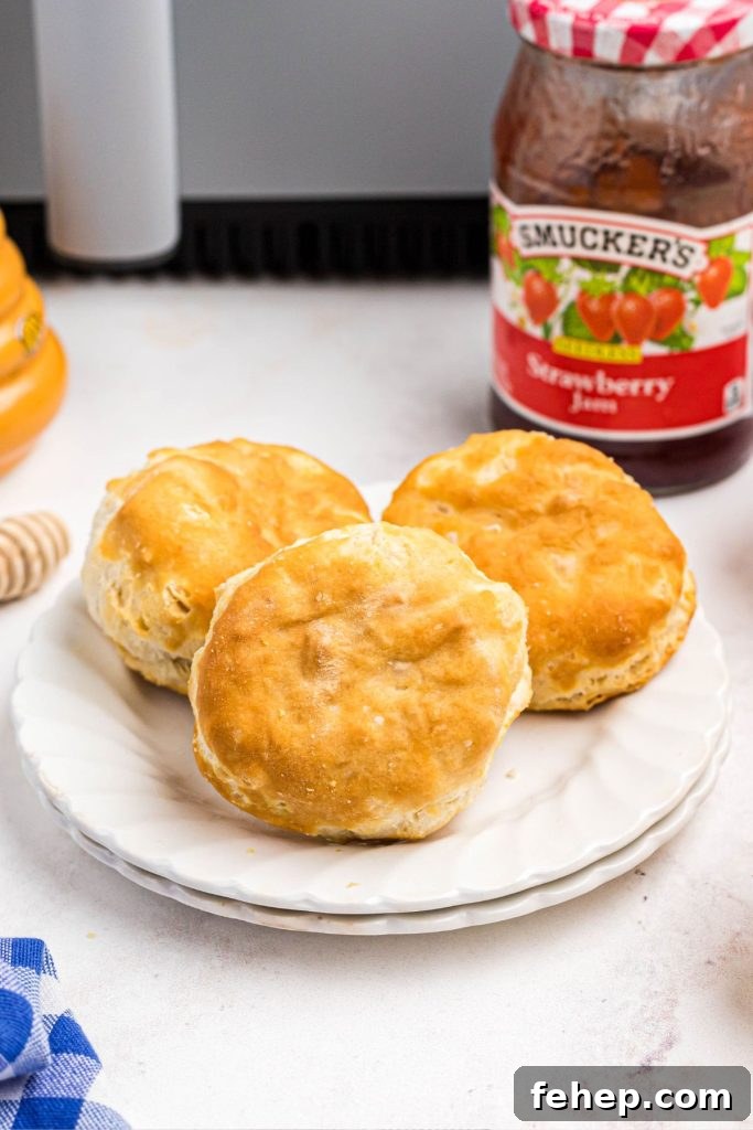 Crispy Air Fryer Frozen Biscuits in Minutes 6 Golden fluffy biscuits on a small white plate in front of jam.