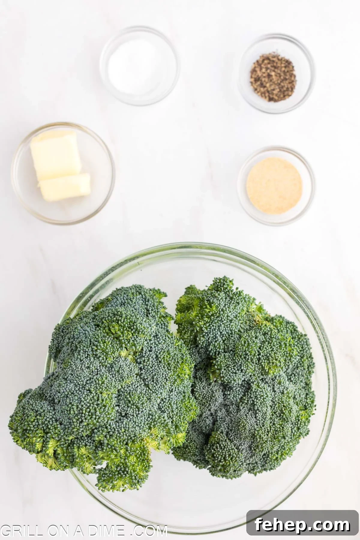 broccoli, butter, garlic powder, salt, pepper