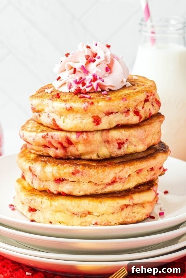 Golden fluffy stacked pancakes on a white plate, filled with Valentine's sprinkles.
