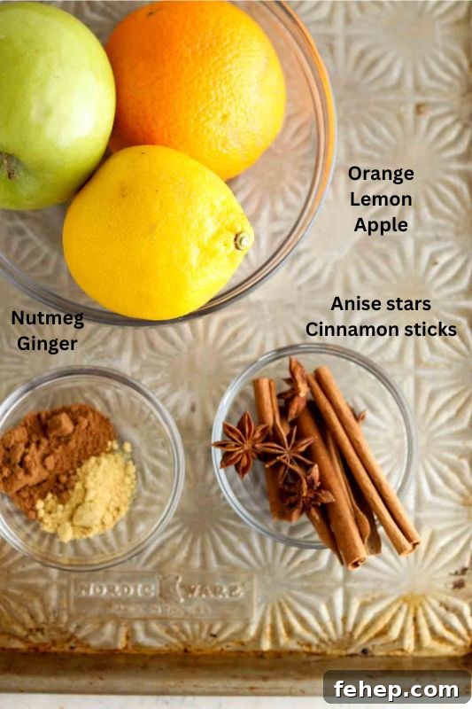 Cozy Fall Simmer Pot Recipe for a Home-Filling Autumn Scent 3 Lemons, oranges, apples, cinnamon and nutmeg in small bowls laying out.