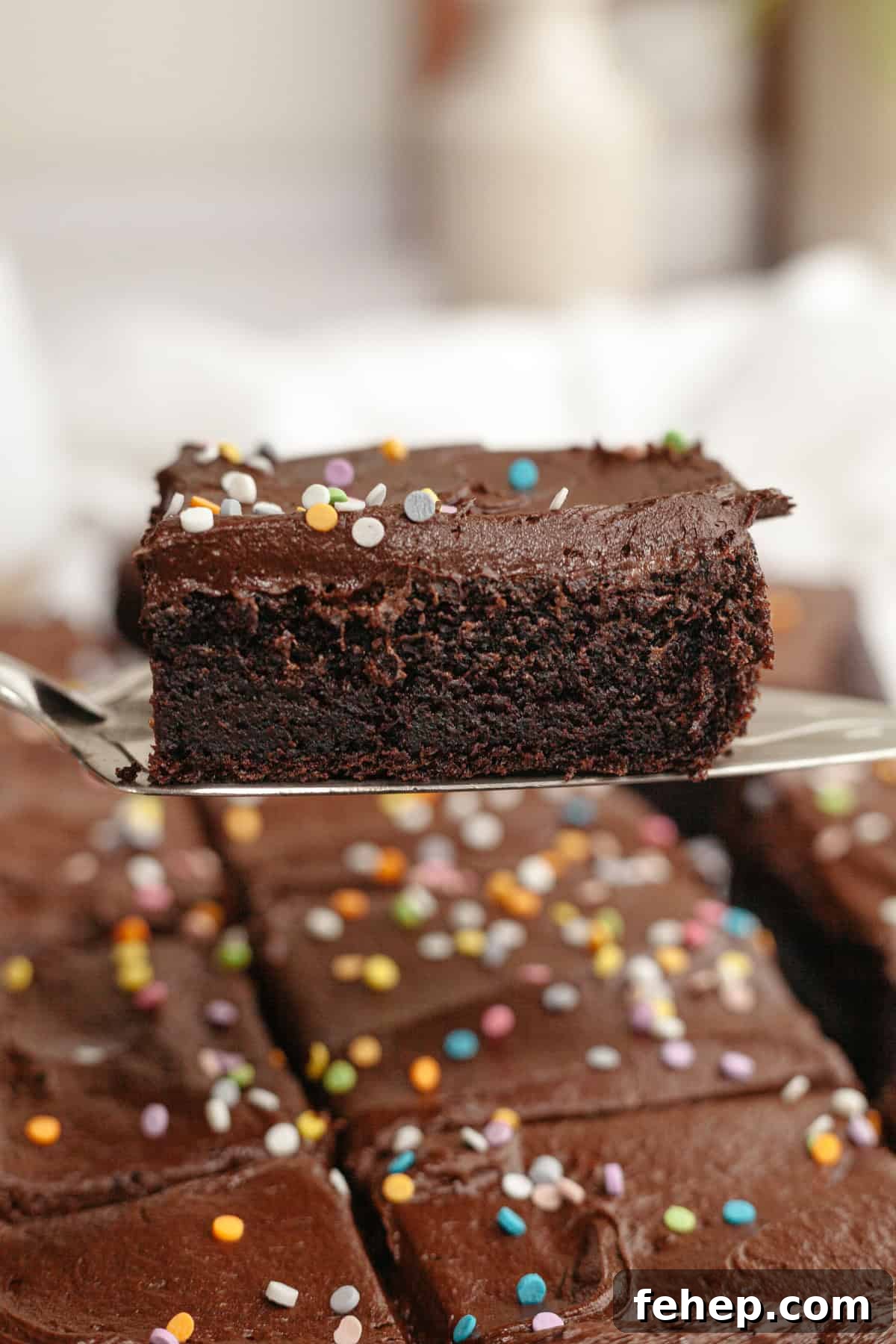 A slice of single layer chocolate cake on a cake server.
