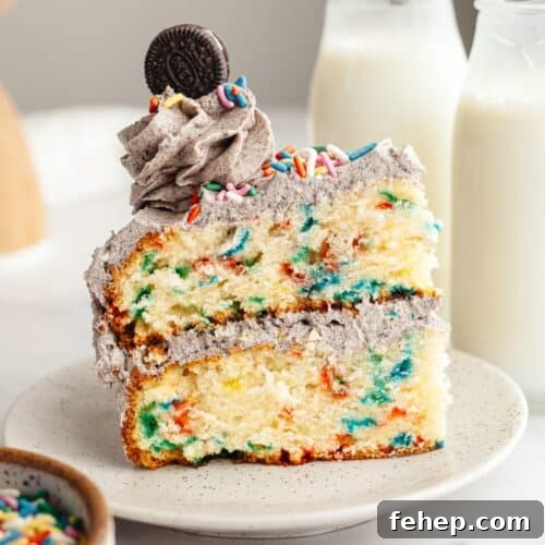 A slice of funfetti Oreo cake on a small plate.