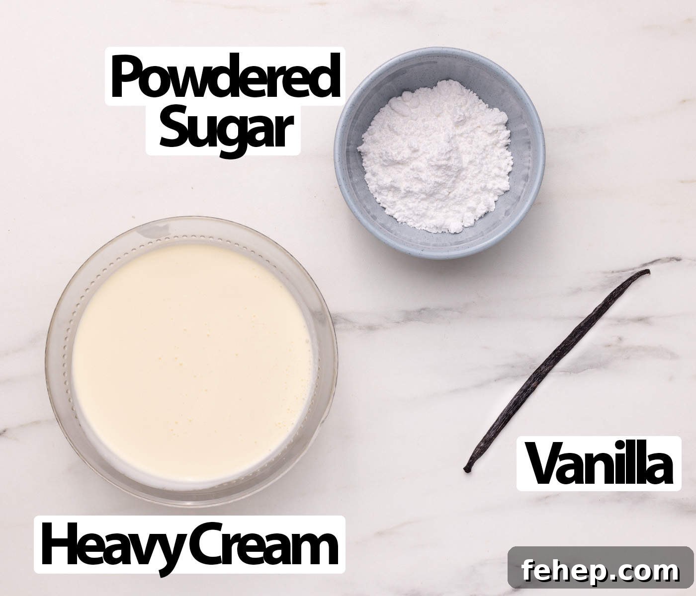How to Make Classic Chantilly Cream (Crème Chantilly) 3 Ingredients laid on a light grey surface.