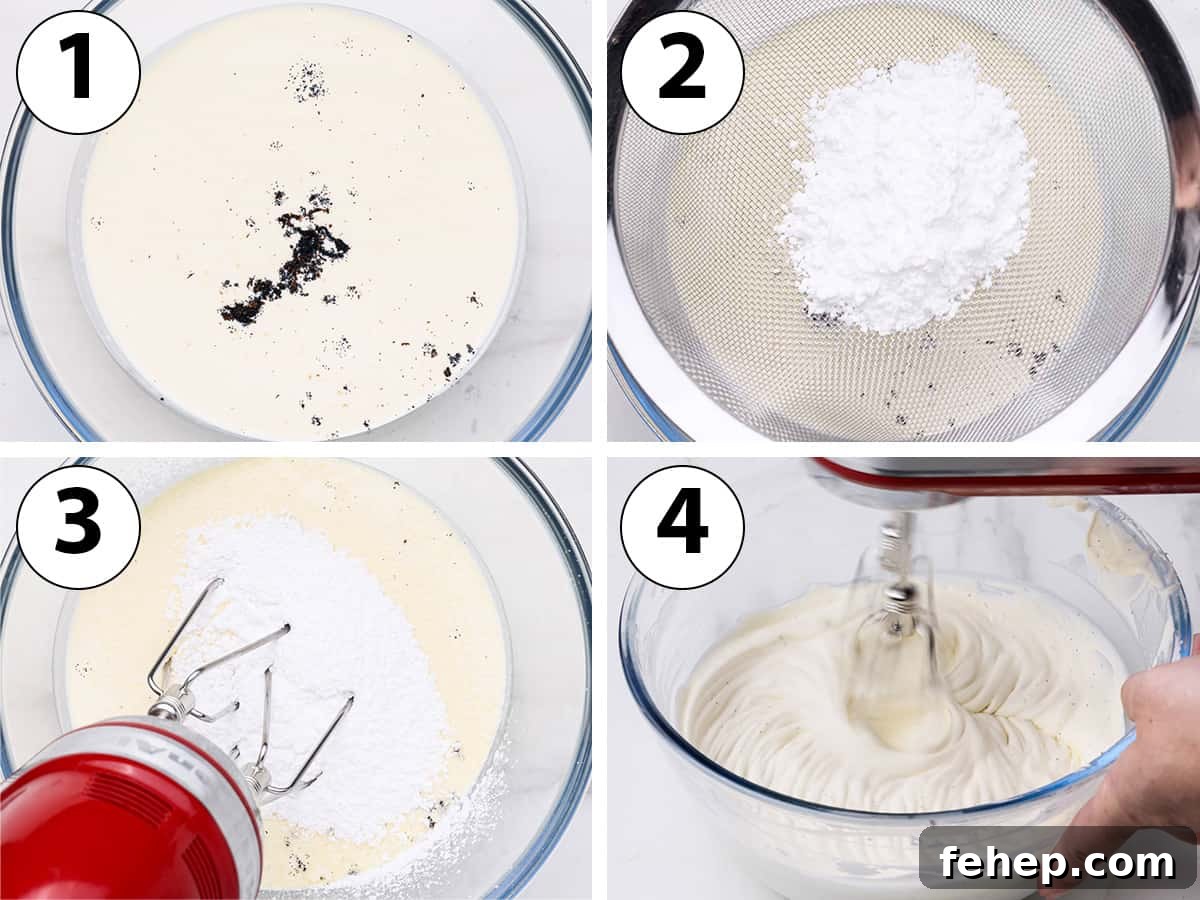 How to Make Classic Chantilly Cream (Crème Chantilly) 4 Process Shot Collage: placing the cream, vanilla and sugar in a large bowl and whipping it with electric mixer to reach medium peaks.