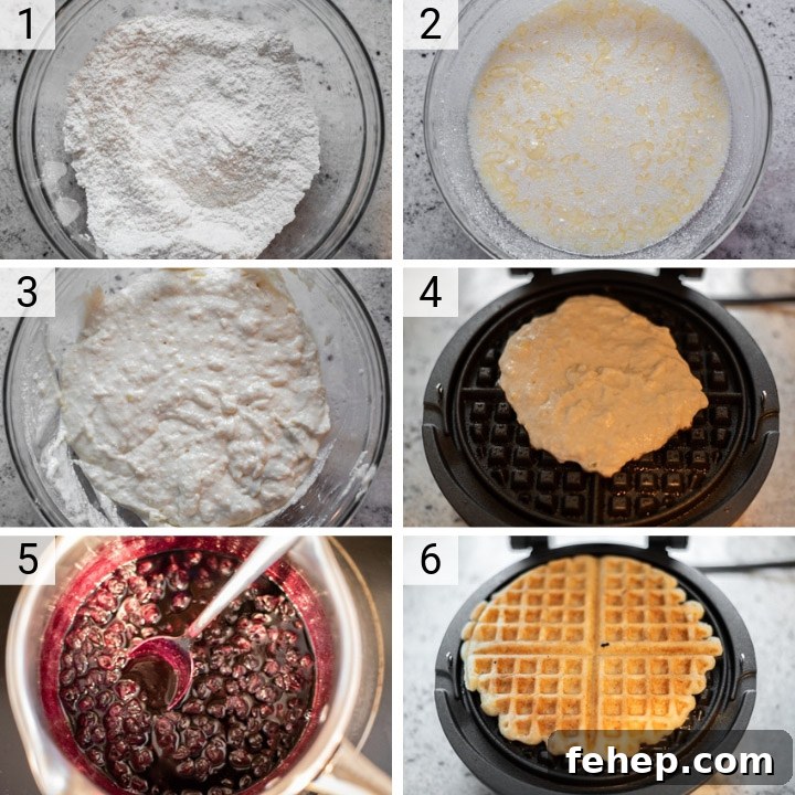 process shots of how to make lemon ricotta waffles