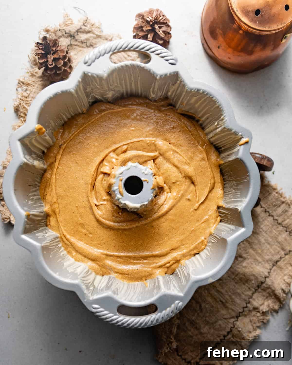 cake batter in a bundt pan.