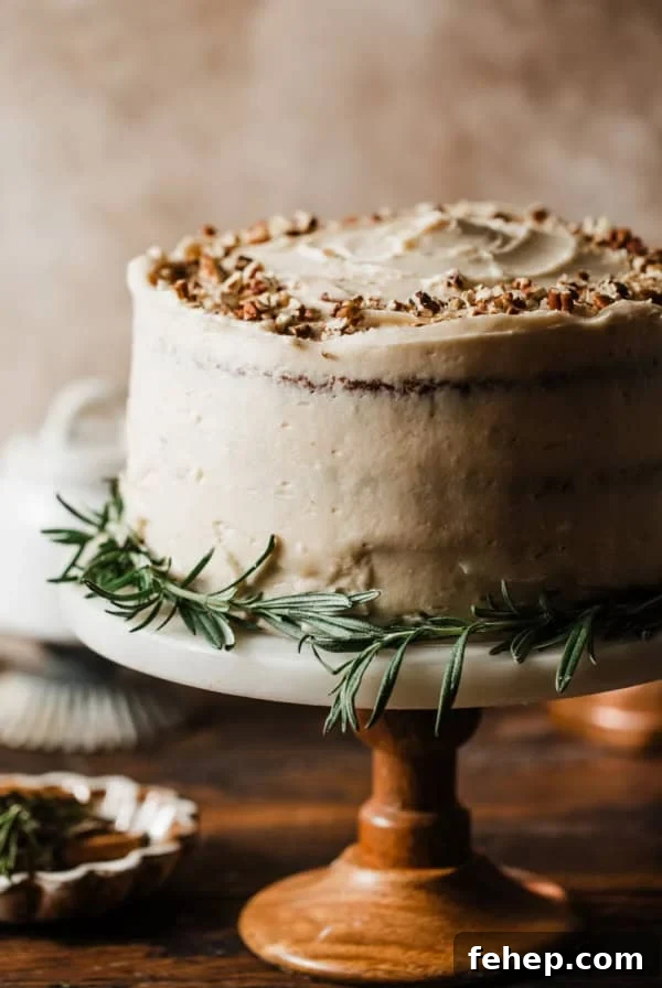 carrot cake on a cake stand.