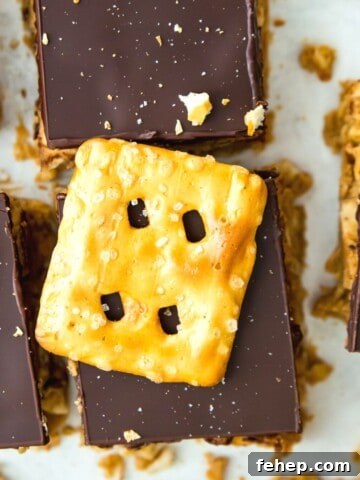 Cut up peanut butter chocolate pretzel bars with a pretzel on top.