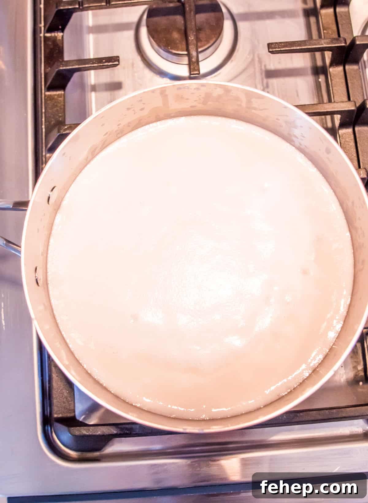 A pot on the stovetop with coconut milk in it.