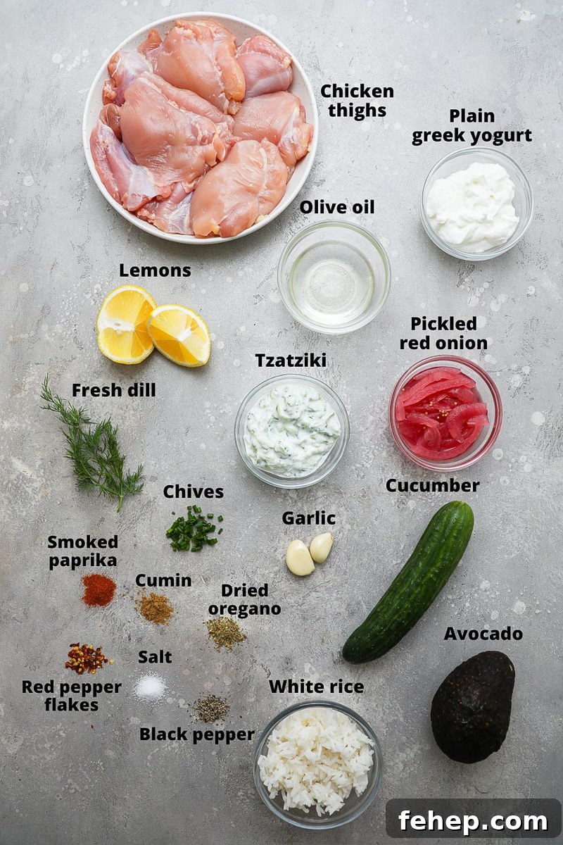 Ingredients used to make tzatziki chicken bowls