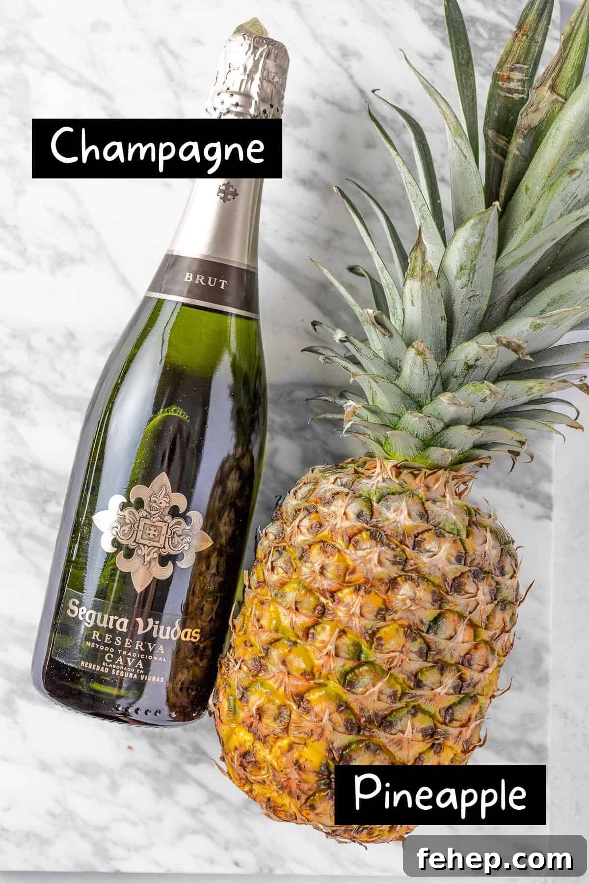 Pineapple Mimosa Cocktail: Tropical Brunch Sparkler 3 The ingredients needed to make the pineapple mimosa.