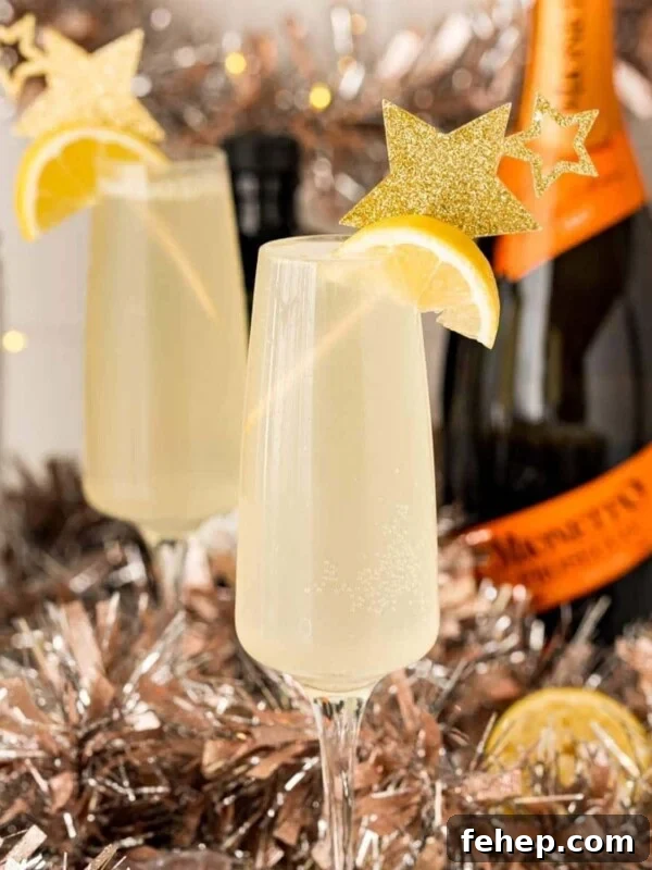 Easy Champagne Cocktail with Lemon Slices and Tinsel.