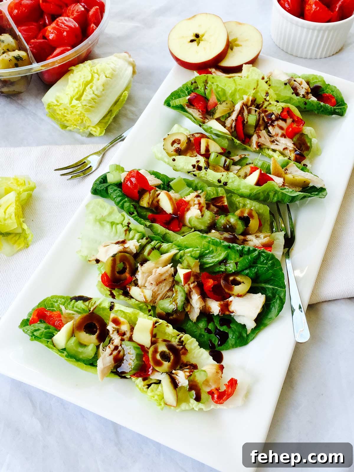 Gem lettuce, chicken and apple little boats