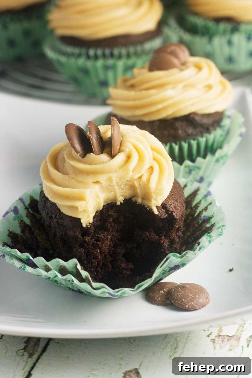 A chocolate stout cupcake in a green wrapper with a big bite taken out of it.