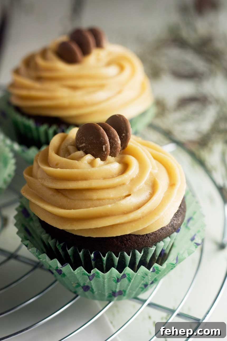 Closeup of a chocolate stout cupcake with peanut butter frosting in a green wrapper.