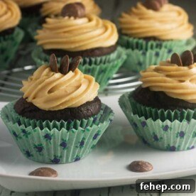 Chocolate stout cupcakes with peanut butter frosting in green cupcake wrappers on a white plate.