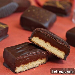 Crispy Pistachio Shortbread Cookies — Almond-Free Recipe 2 Caramel shortbread squares cut open on an orange surface.