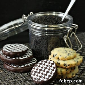 Crispy Pistachio Shortbread Cookies — Almond-Free Recipe 3 Black Sesame Shortbread Cookies in front of a cannister of black sesame seeds.