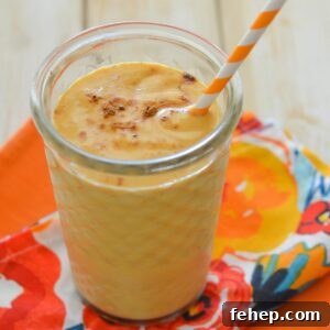 Creamy Pumpkin Smoothie — Autumn Spice Recipe for Fall Mornings 8 A thick and creamy pumpkin smoothie in a tall glass with a straw.