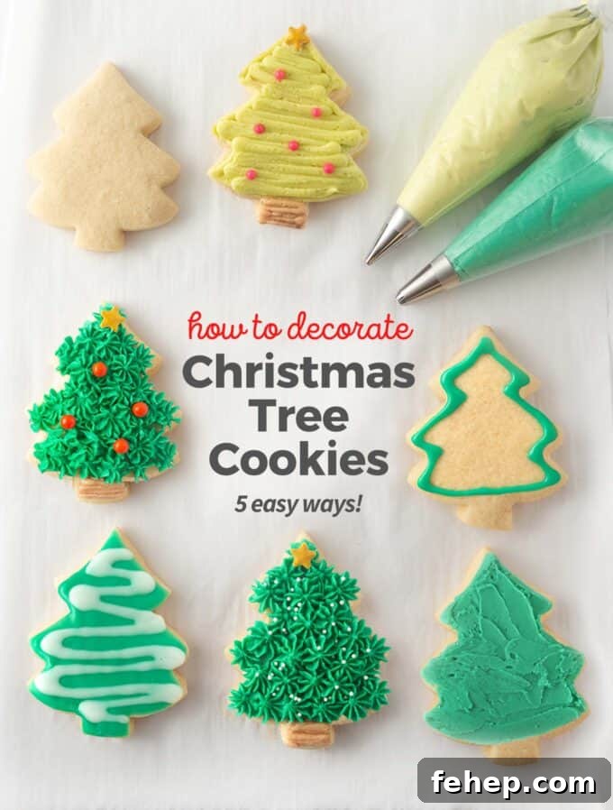 Overhead photos of 5 different types of decorated christmas tree cookies