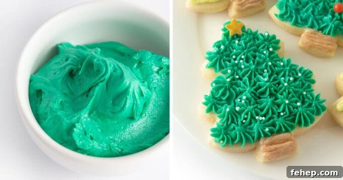 bowl of green frosting and decorated christmas tree frosting with star tips