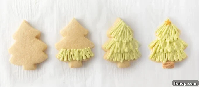 step by step photos on how to decorate layered decorated christmas tree cookies