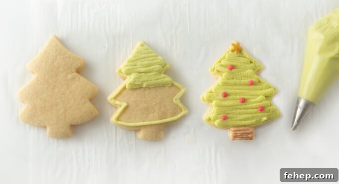 step by step photos on how to decorate striped decorated christmas tree cookies