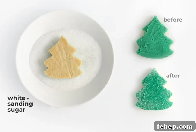 how to dip christmas tree cookie in white sanding sugar