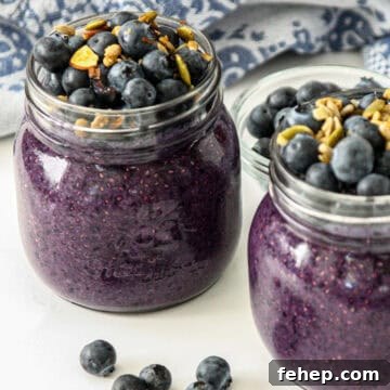 Blueberry chia pudding in two glass jars.
