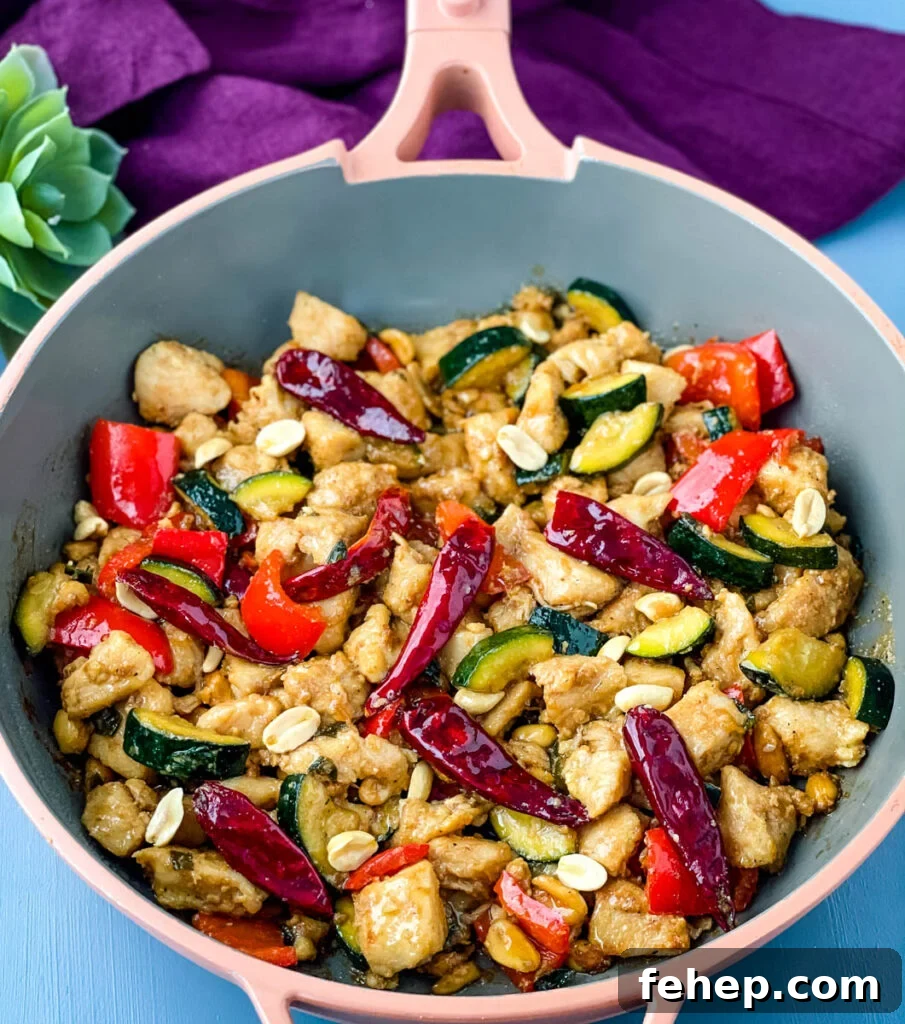 Panda Express copycat kung pao chicken on a skillet pan