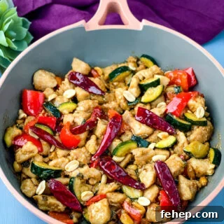 Panda Express copycat kung pao chicken on a skillet pan