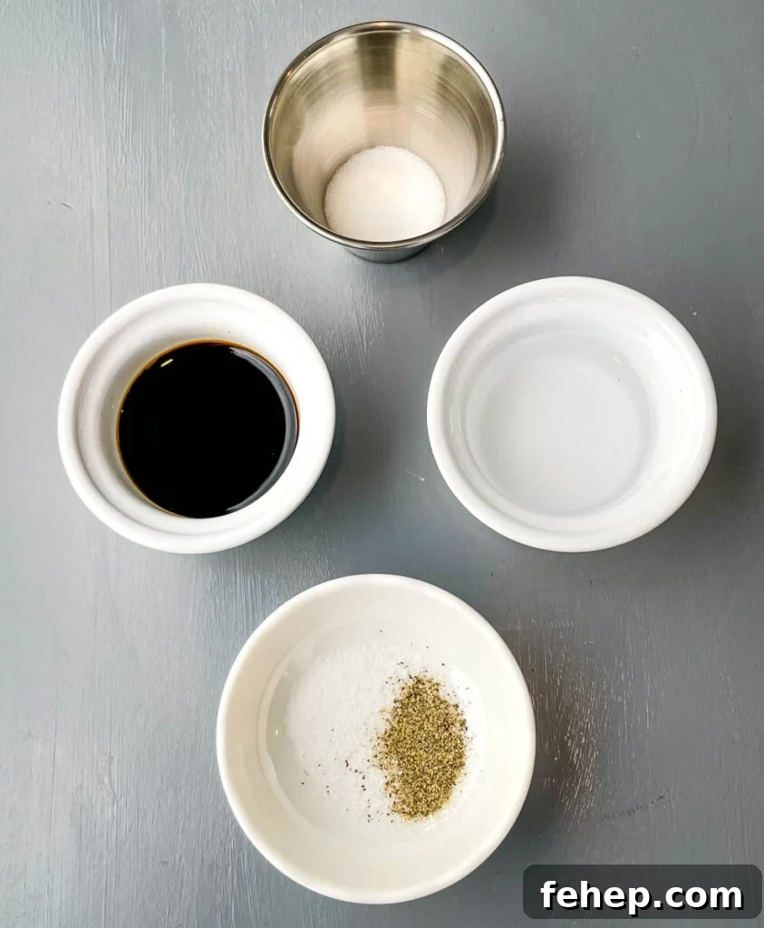 soy sauce, rice vinegar, sweetener, and salt and pepper in separate bowls