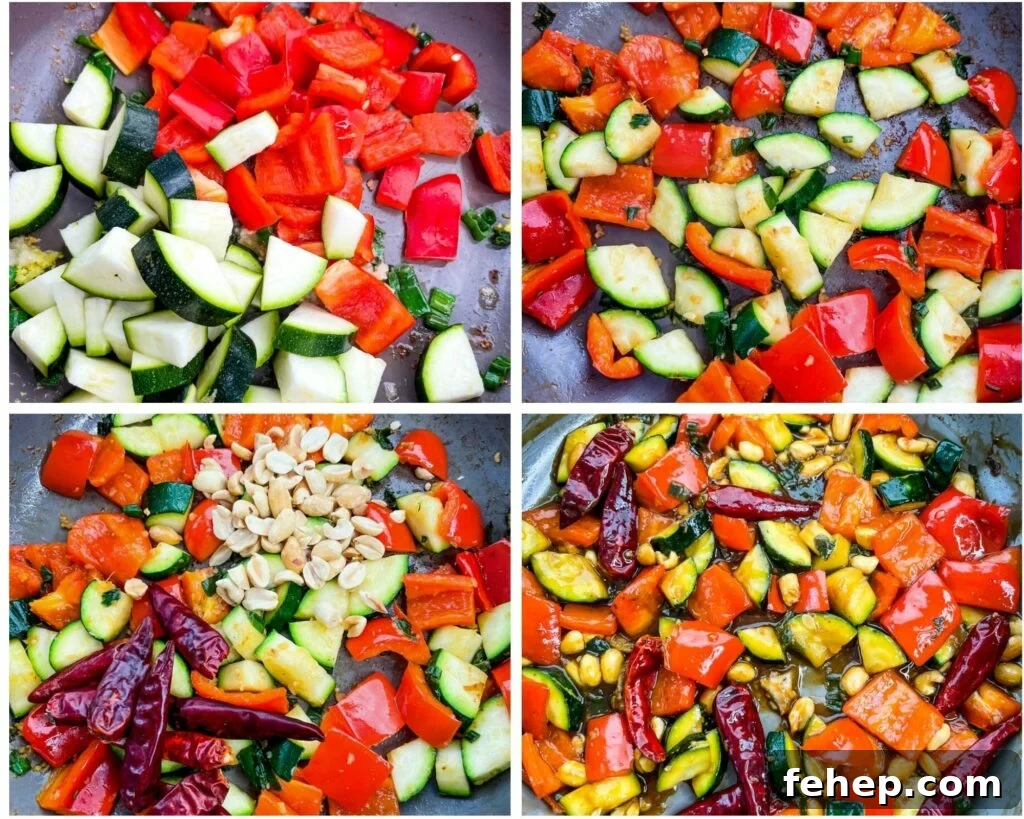 collage photo of 4 photos displaying red peppers and zucchini sauted in a pan