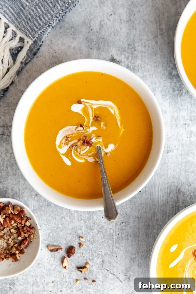 Overhead close up of a bowl of sweet potato soup on the counter.