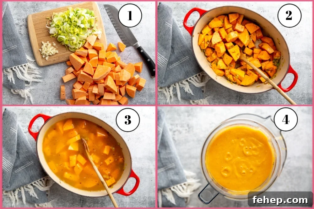 Process shot divided into 4 quadrants showing the steps for making the healthy sweet potato soup.